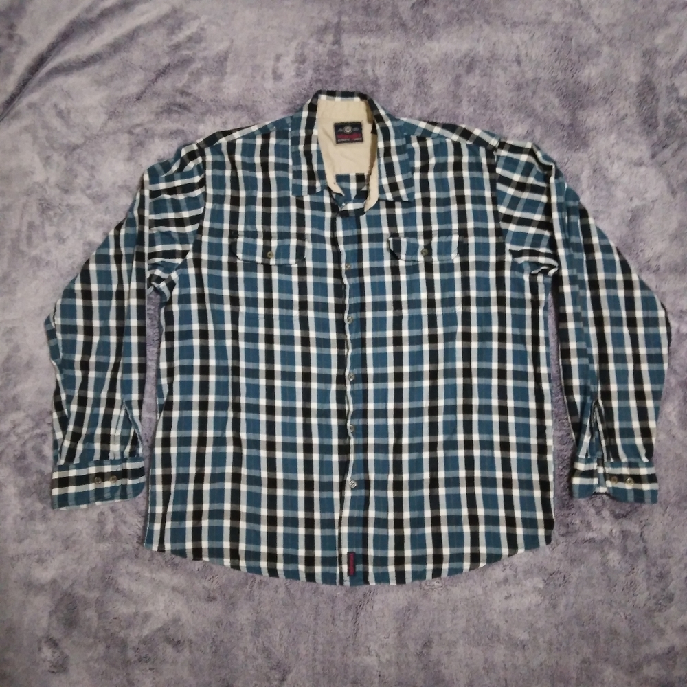 Men's Wrangler Teal, Black & White Plaid Long Sleeve Shirt XL